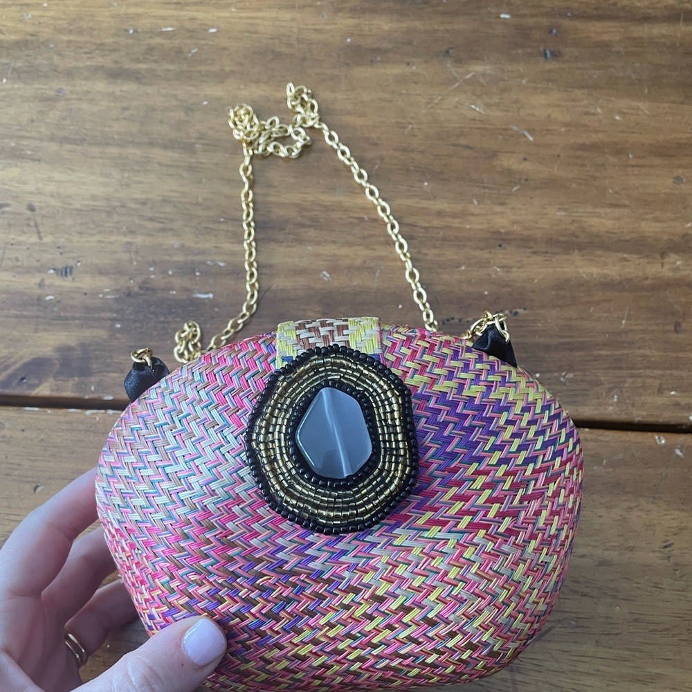 Desenyo Buntal Straw Purse Clutch with Gold Shoulder Chain